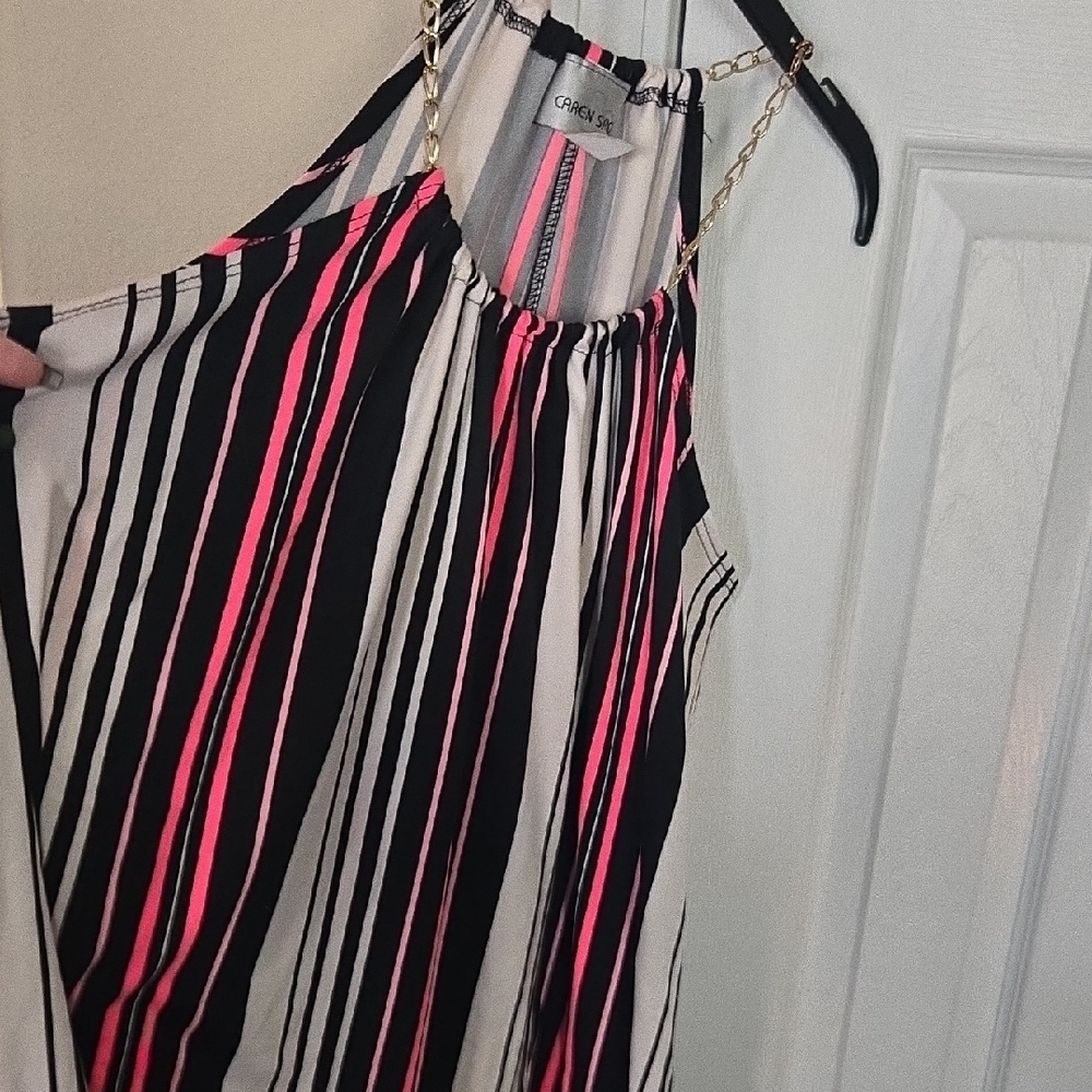 Caren Sport Black & Pink Striped Halter Tank Top Plus Size 1X Chain Neckline